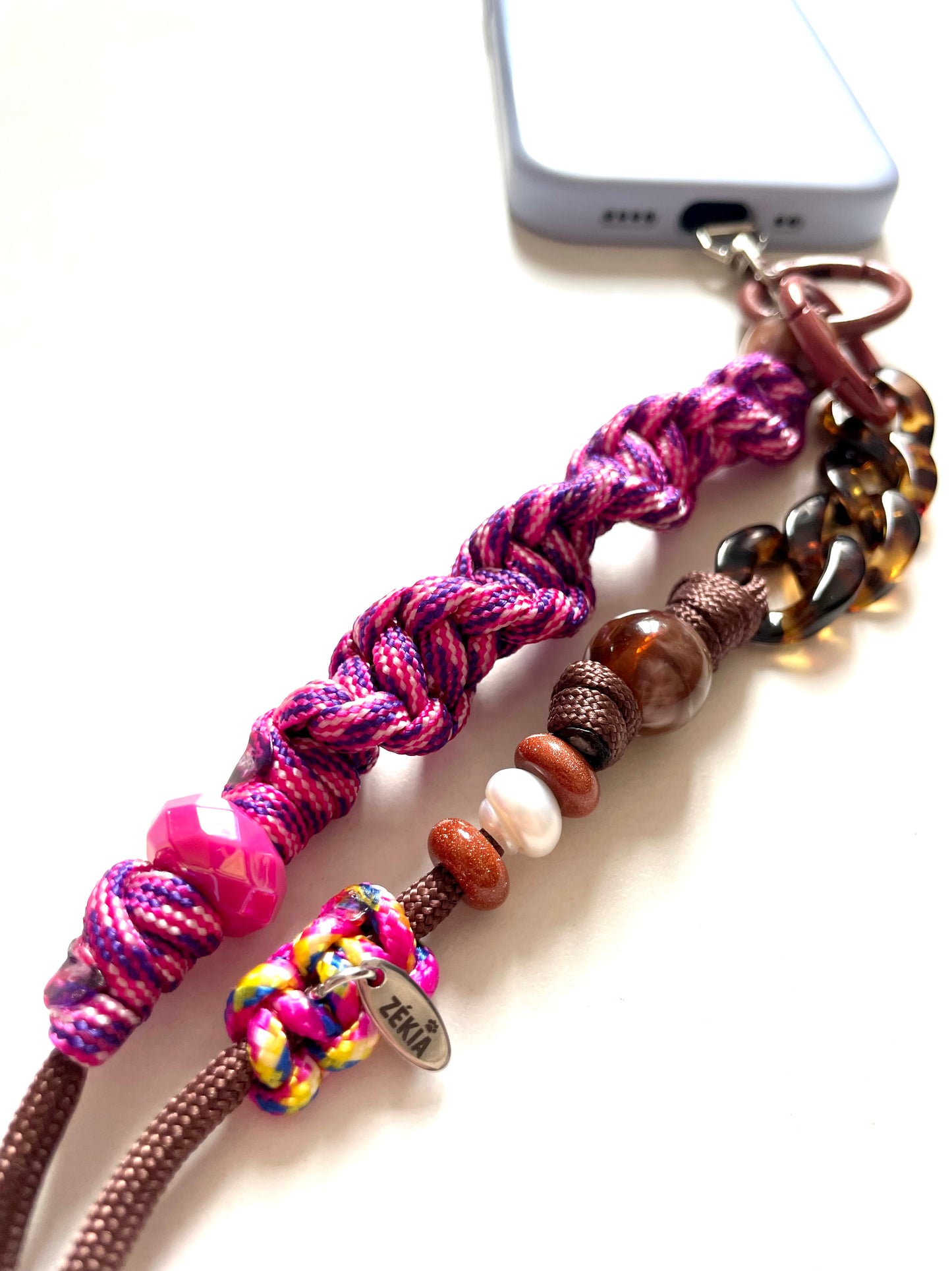 cordon telephone paracorde ajustable solide fait main marron rose