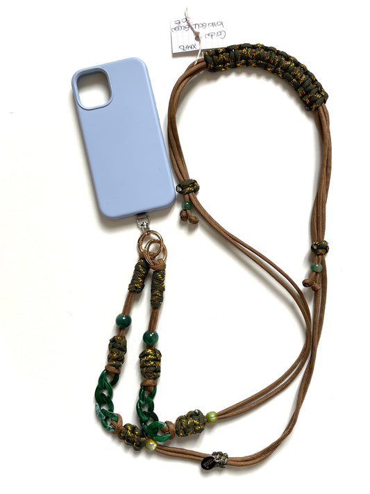 cordon telephone marron kaki dore lanyard en paracorde ajustable reglable fait main artisanat marseille accessoire bijou idée cadeau femme