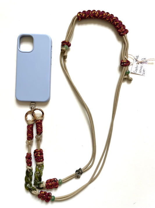 cordon telephone paracorde ajustable couleurs bordeaux dore kaki fait main marseille made in france accessoire bijou idée cadeau lanyard smartphone