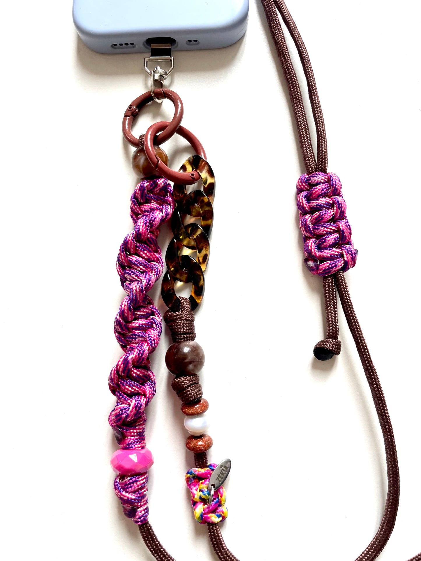 cordon telephone paracorde ajustable solide fait main marron rose