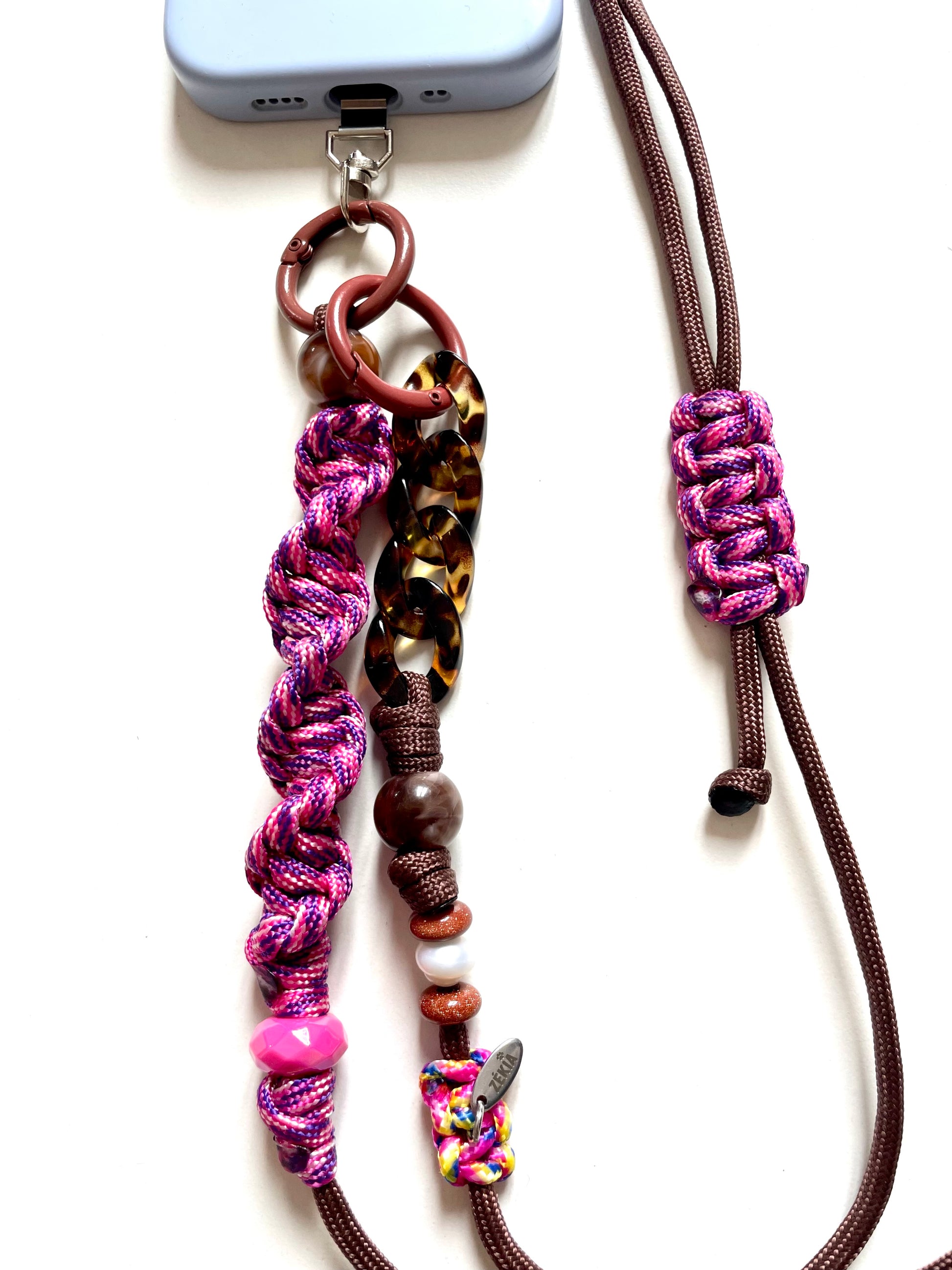 cordon telephone paracorde ajustable solide fait main marron rose