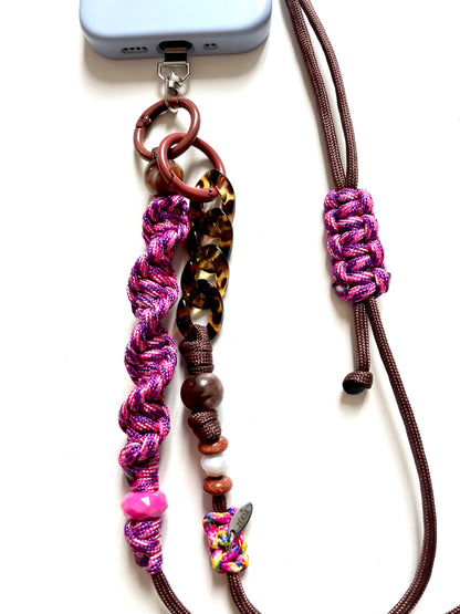 cordon telephone paracorde ajustable solide fait main marron rose