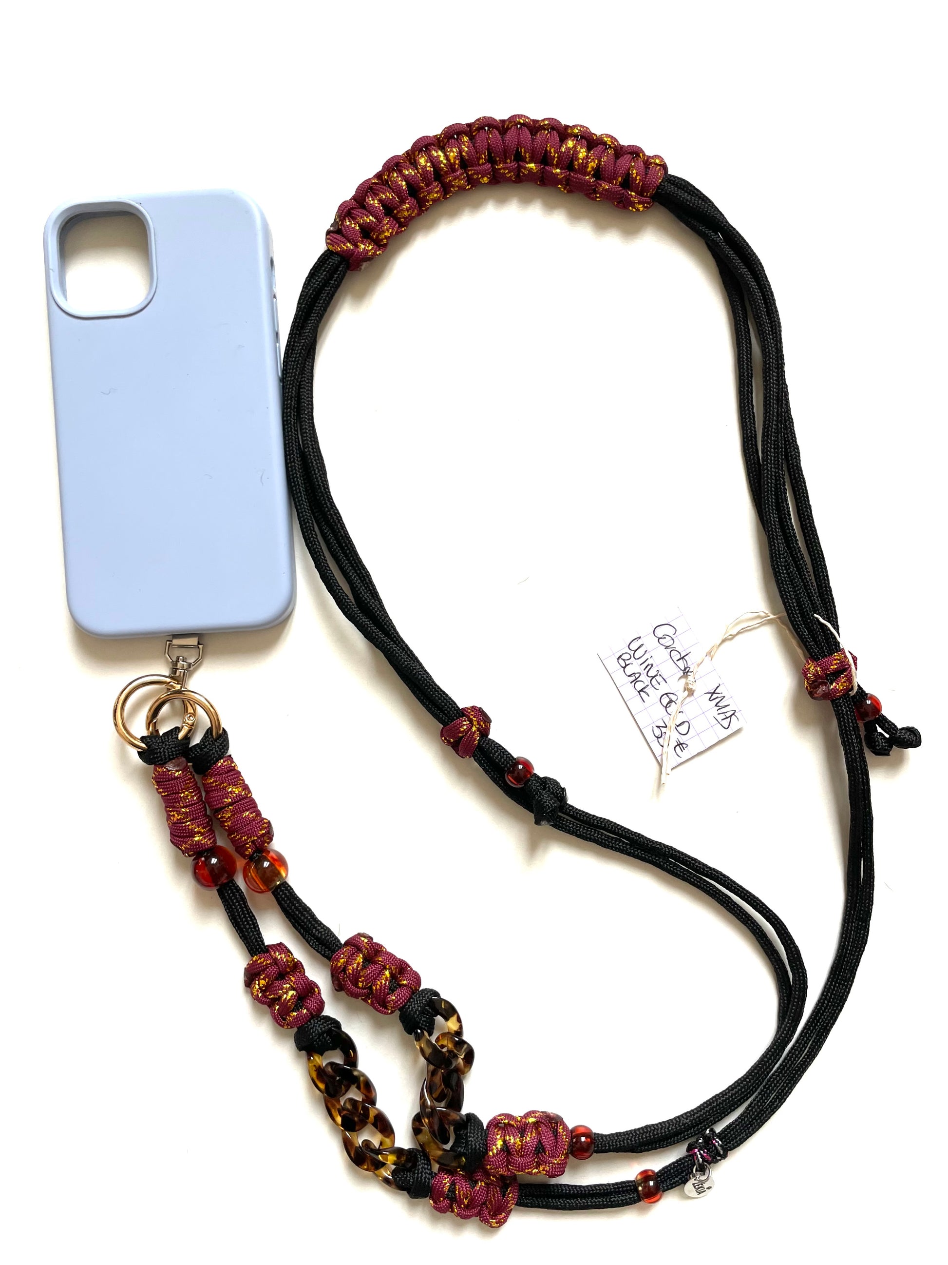 cordon telephone paracorde ajustable couleurs bordeaux dore noir fait main marseille made in france accessoire bijou idée cadeau lanyard smartphone