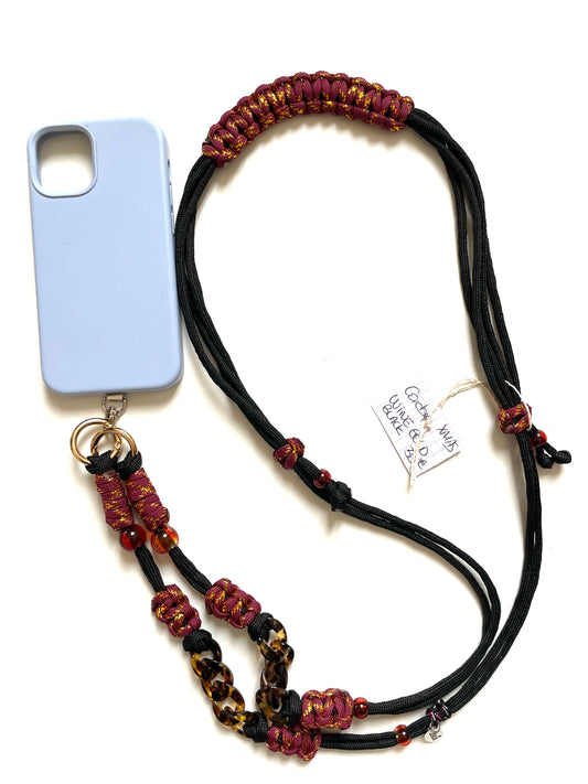 cordon telephone paracorde ajustable couleurs bordeaux dore noir fait main marseille made in france accessoire bijou idée cadeau lanyard smartphone