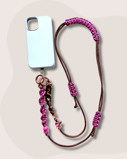 cordon telephone paracorde solide ajustable marron et rose