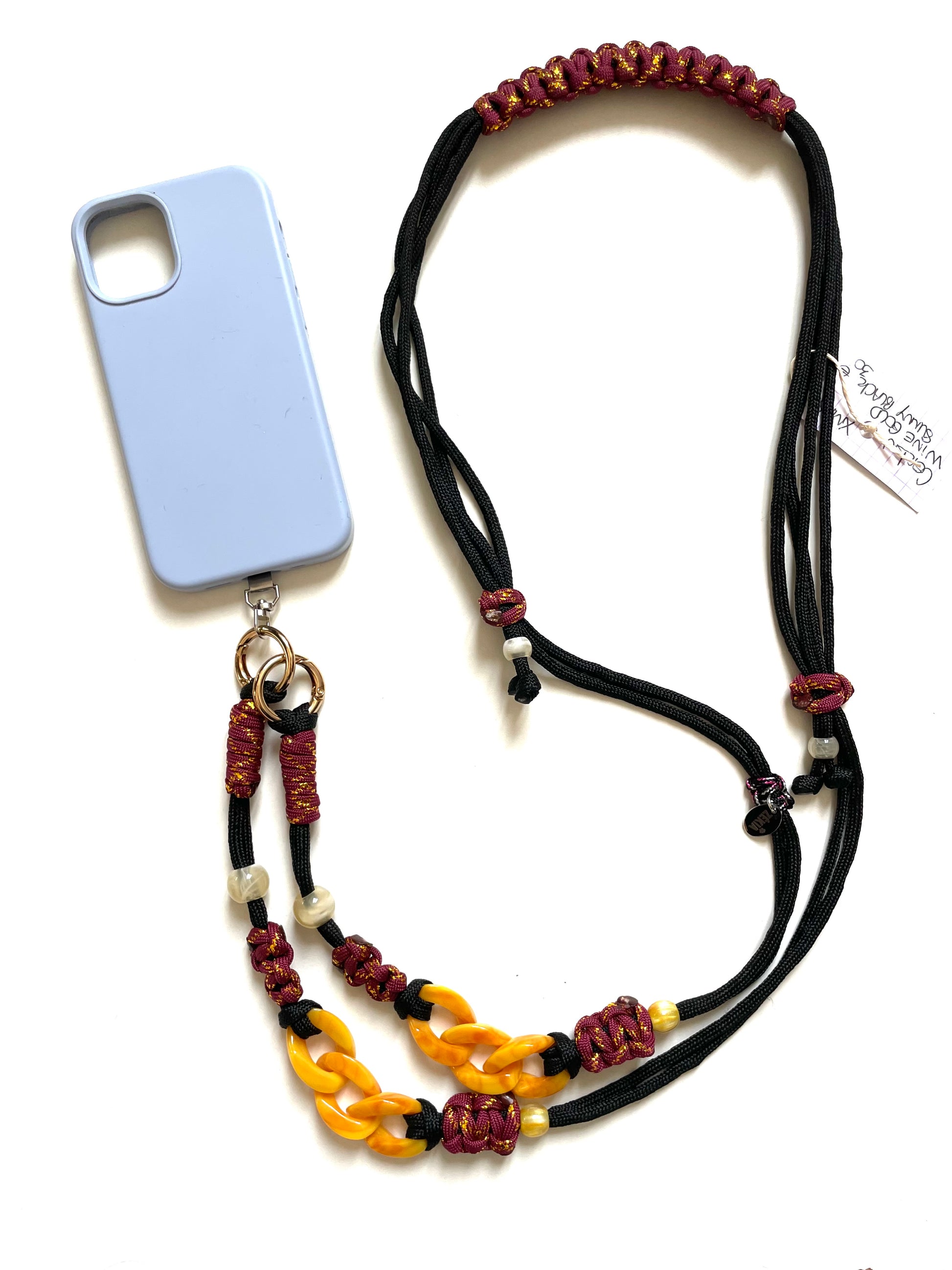 cordon telephone paracorde ajustable couleurs bordeaux dore noir fait main marseille made in france accessoire bijou idée cadeau lanyard smartphone