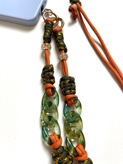 cordon telephone paracorde ajustable couleurs kaki dore orange fait main marseille made in france accessoire bijou idée cadeau lanyard smartphone
