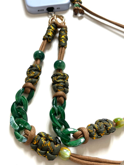 cordon telephone marron kaki dore lanyard en paracorde ajustable reglable fait main artisanat marseille accessoire bijou idée cadeau femme