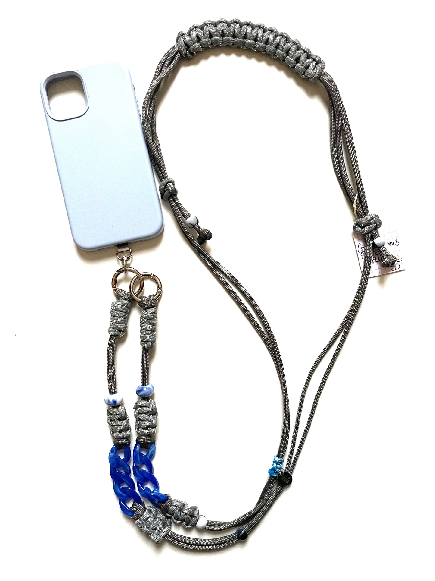 Cordon de telephone ajustable en paracorde fait main Marseille made in france gris bleu argenté lanyard smartphone accessoire bijou