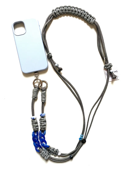 Cordon de telephone ajustable en paracorde fait main Marseille made in france gris bleu argenté lanyard smartphone accessoire bijou