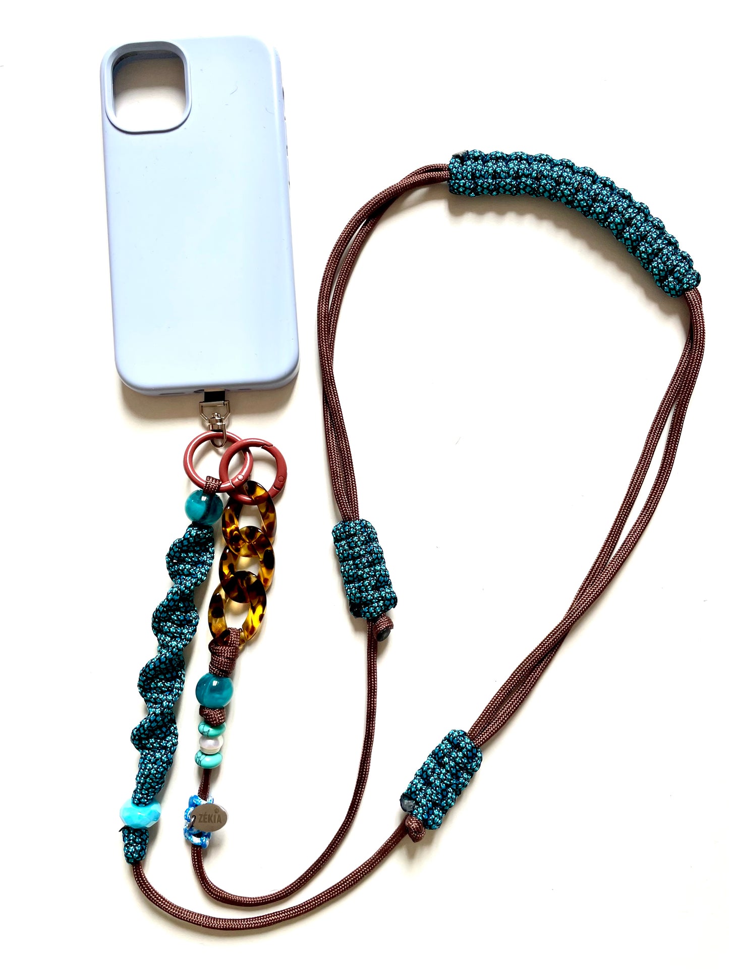 cordon telephone paracorde ajustable solide fait main marron bleu