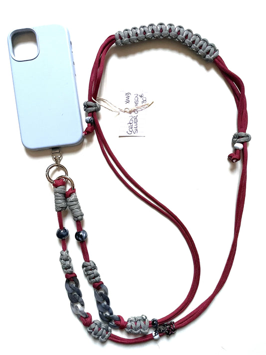 Cordon de telephone ajustable en paracorde fait main Marseille made in france gris argenté bordeaux lanyard smartphone accessoire bijou