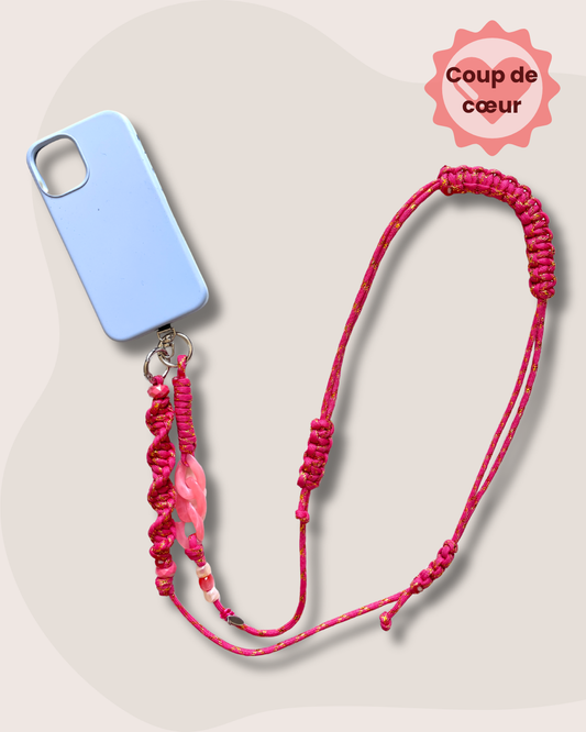 cordon telephone bandouliere ajustable paracorde rose