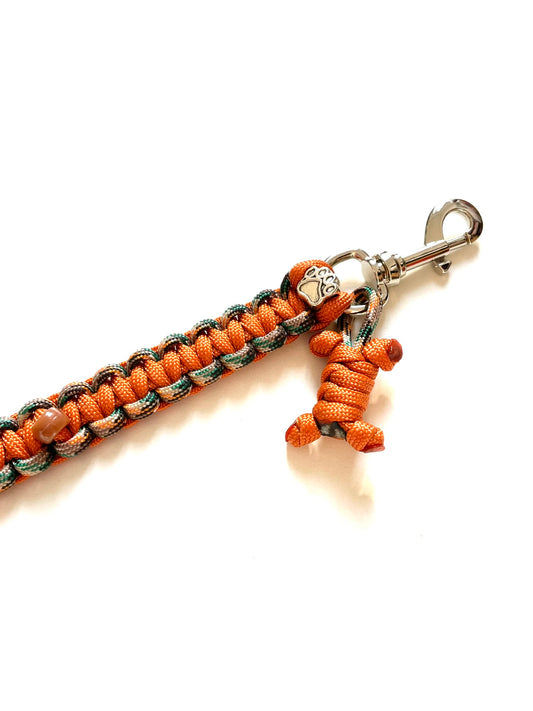 Laisse pour chien en paracorde solide. Couleurs : orange, beige et vert