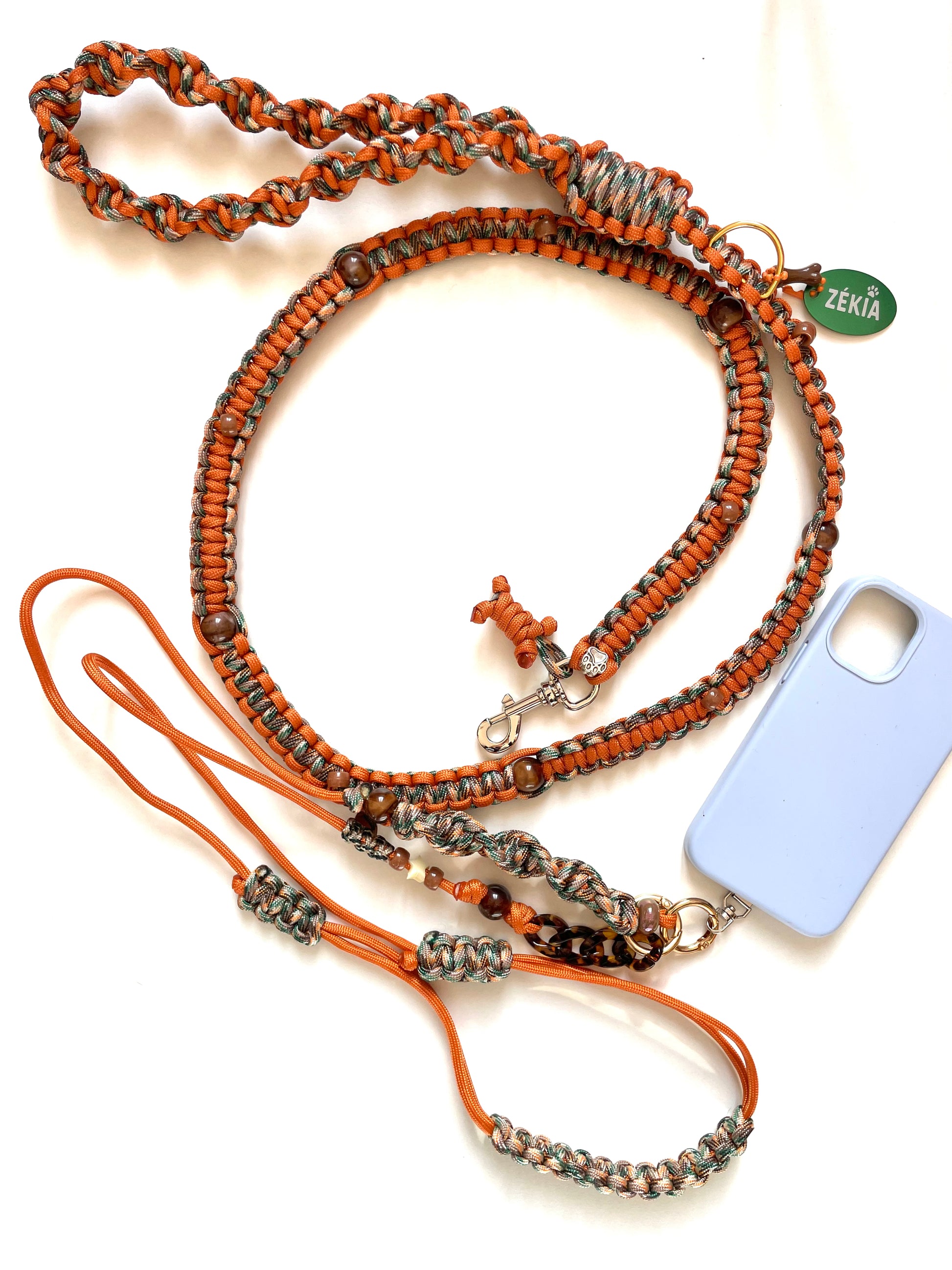 Laisse pour chien et cordon telephone en paracorde solide. Couleurs : orange, beige et vert