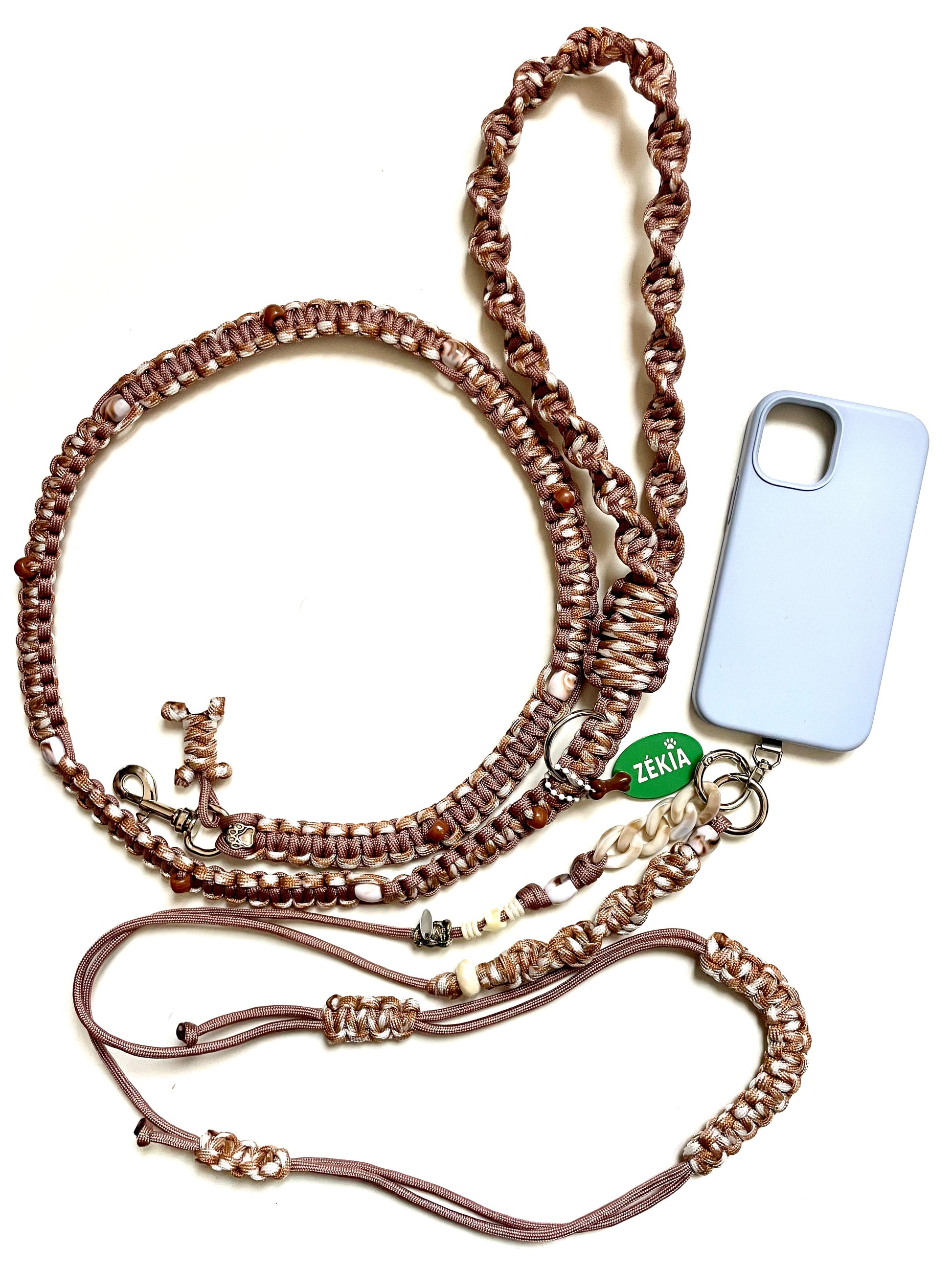laisse chien paracorde solide cordon telephone assorti fait main marseille dog leash accessoire canin artisanal beige