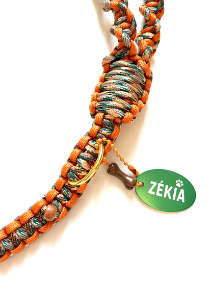 Laisse pour chien en paracorde solide. Couleurs : orange, beige et vert