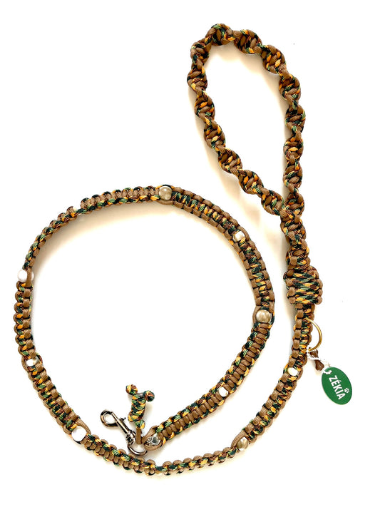 laisse pour chien en paracorde solide. accessoire canin stylé couleurs bronze orange et vert